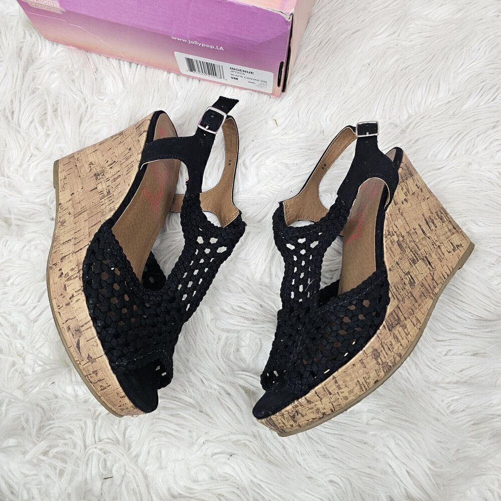 Jellypop Ingenue Slingback Crochet Woven Wedges Cork Heels Sandals Women’s SZ 9M